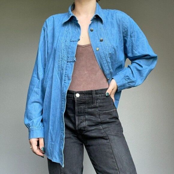 Vintage German Women's Long Sleeve Denim Button Down Oversized Shirt Blue Sz M - Picture 2 of 9